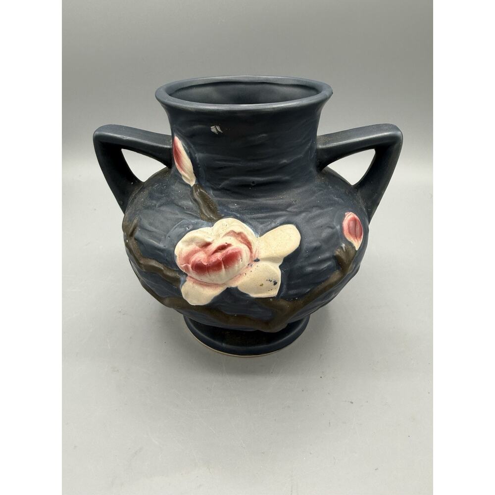 Roseville Magnolia 180-6 Blue Double Handle Vase 6” Art Pottery USA